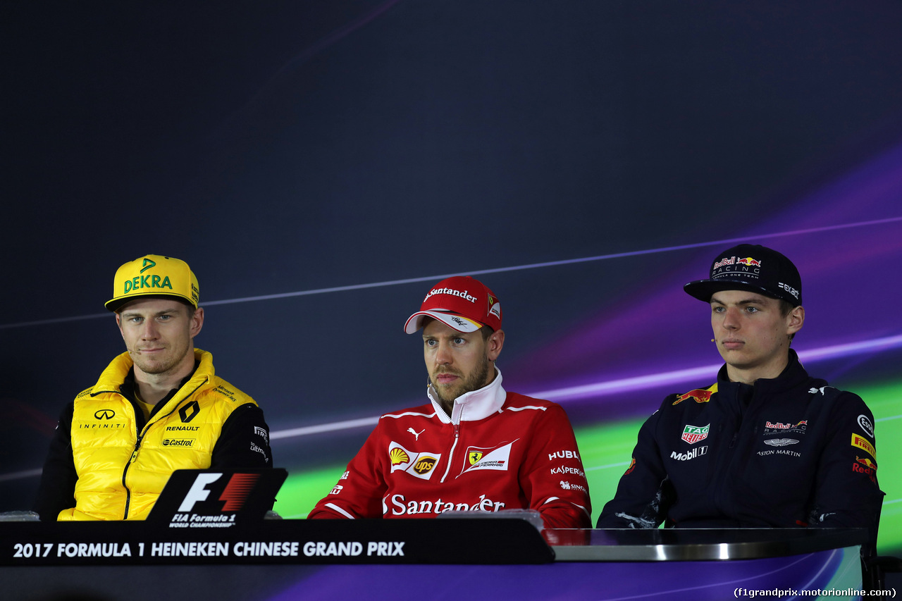 GP CINA, 06.04.2017 - Conferenza Stampa, Nico Hulkenberg (GER) Renault Sport F1 Team RS17, Sebastian Vettel (GER) Ferrari SF70H e Max Verstappen (NED) Red Bull Racing RB13