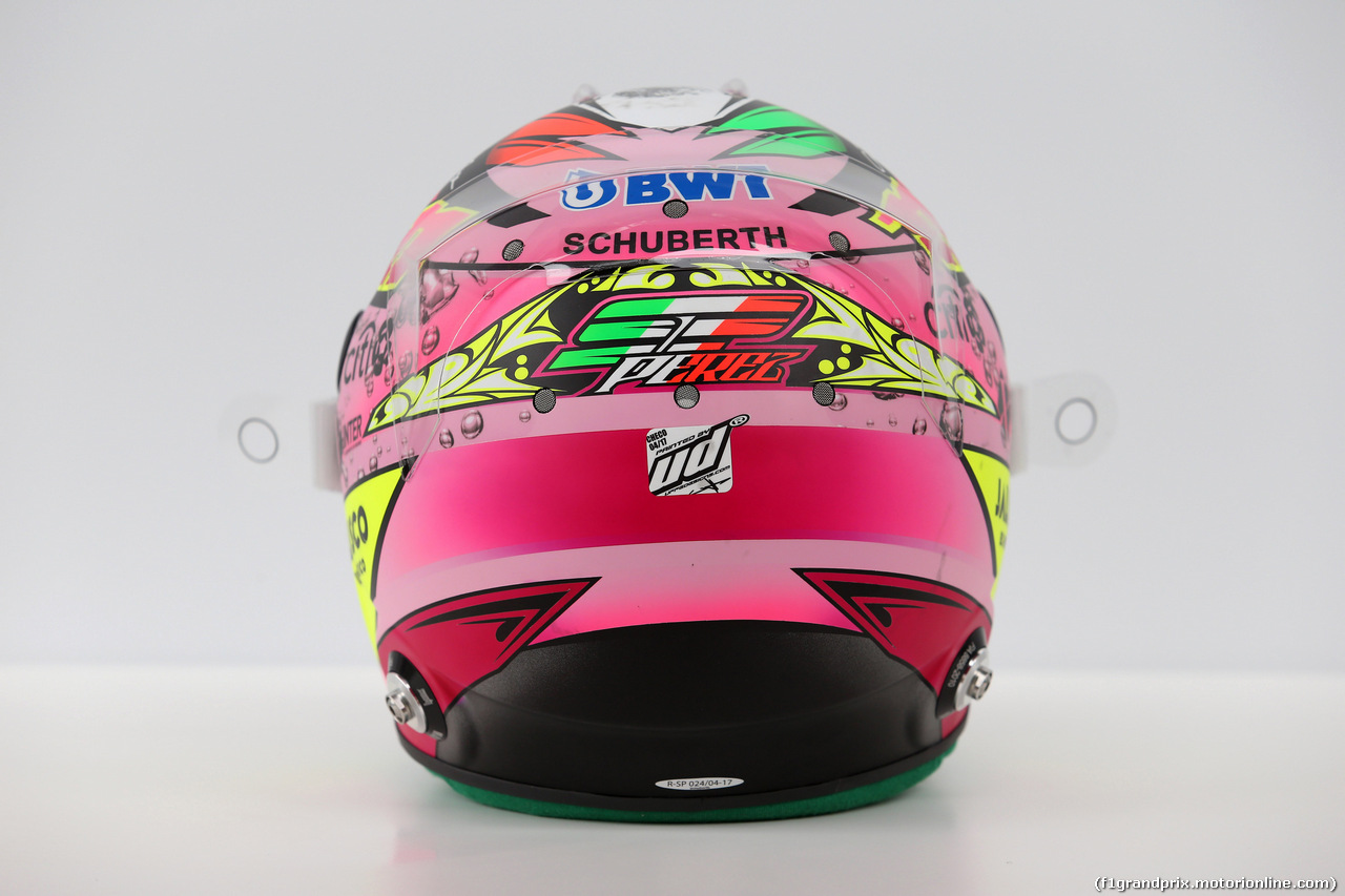 GP CINA, 07.04.2017 - Prove Libere 3, The helmet of Sergio Perez (MEX) Sahara Force India F1 VJM010