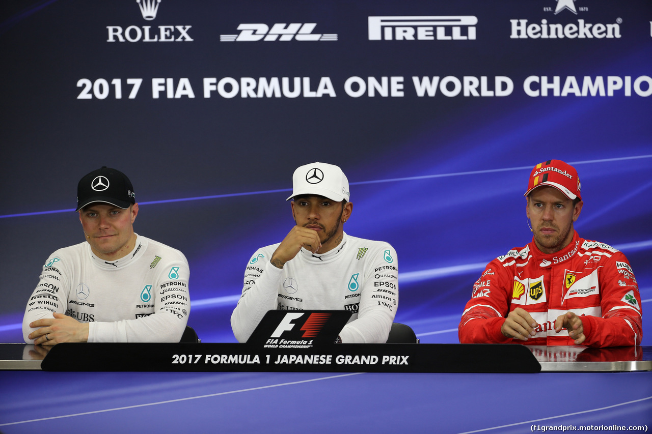 GP GIAPPONE, 07.10.2017- After Qualifiche Press Conference,  L to R Valtteri Bottas (FIN) Mercedes AMG F1 W08, Lewis Hamilton (GBR) Mercedes AMG F1 W08 , Sebastian Vettel (GER) Ferrari SF70H