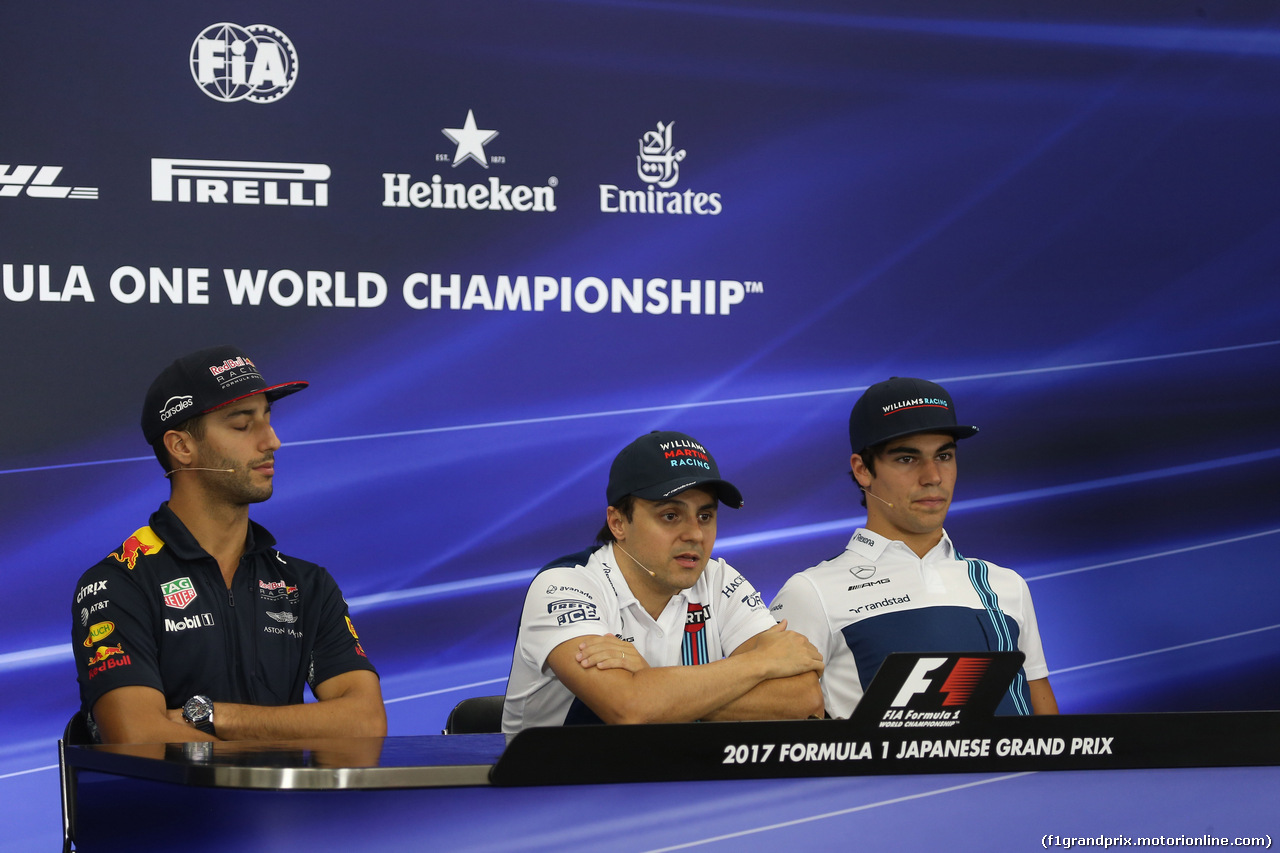 GP GIAPPONE, 05.10.2017- Giovedi' Press Conference, L to R Daniel Ricciardo (AUS) Red Bull Racing RB13, Felipe Massa (BRA) Williams F1 Team FW40 , Pascal Wehrlein (GER) Sauber C36