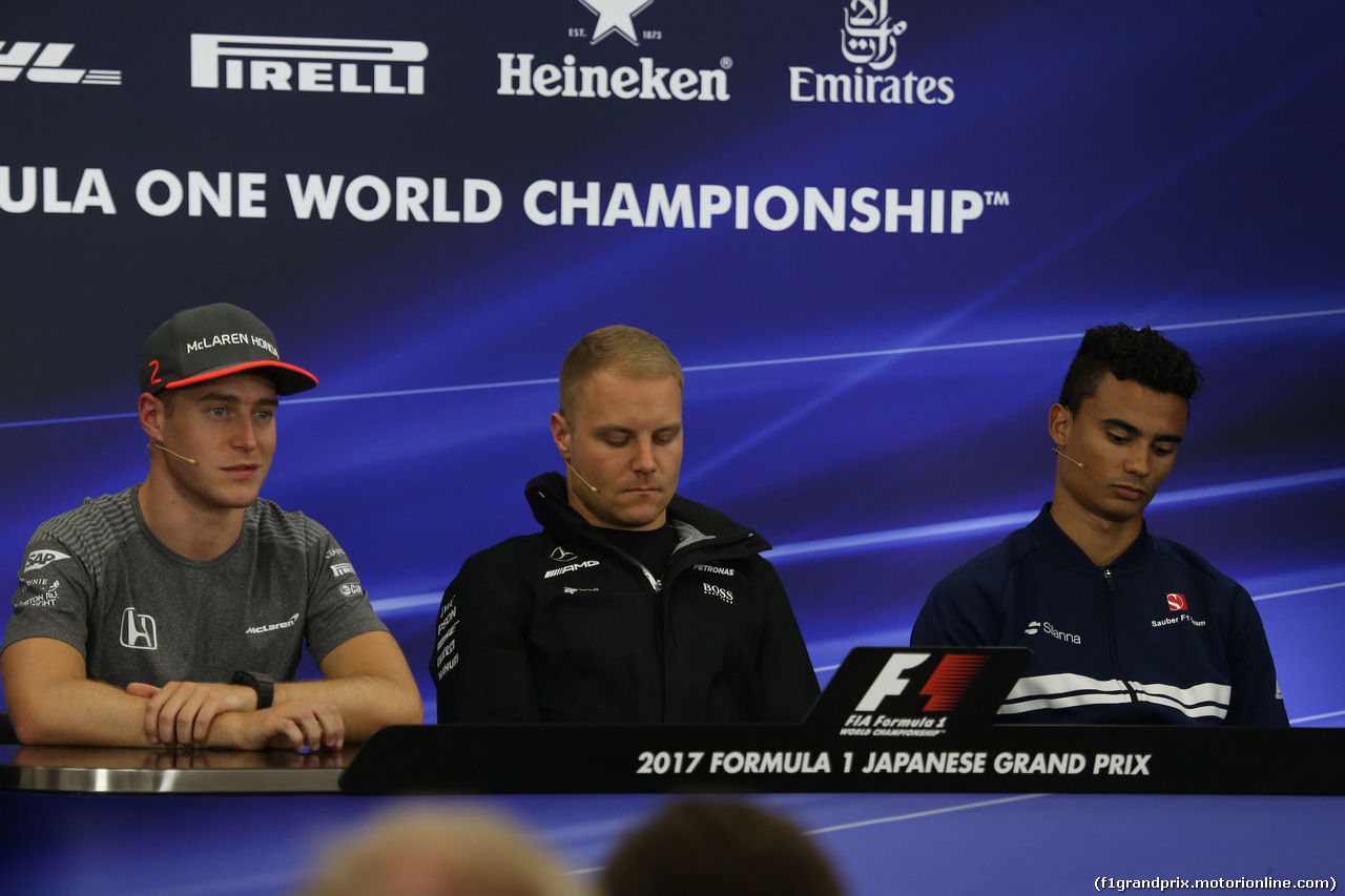 GP GIAPPONE, 05.10.2017- Giovedi' Press Conference, L to R Stoffel Vandoorne (BEL) McLaren MCL32, Valtteri Bottas (FIN) Mercedes AMG F1 W08 e Pascal Wehrlein (GER) Sauber C36