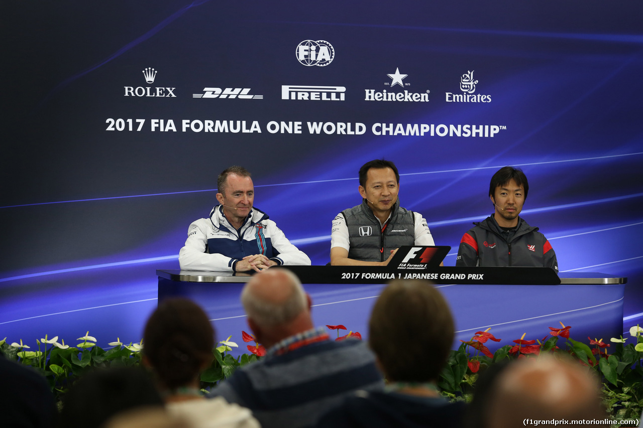 GP GIAPPONE, 06.10.2017- Venerdi' Press Conference, L to R Paddy Lowe (GBR) Williams chief technical officer, Yusuke Hasegawa (JPN) Head of Honda F1 Programme e Ayao Komatasu (JPN) Haas