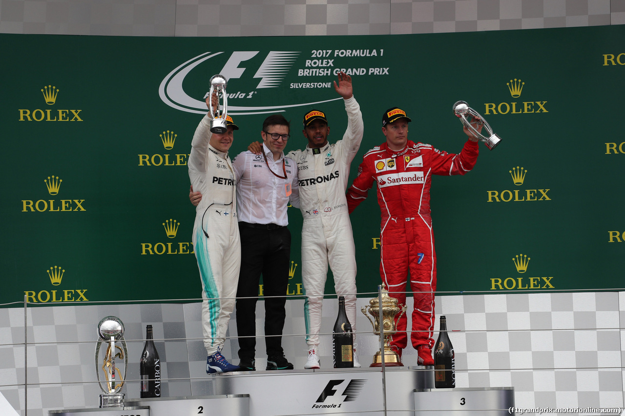 GP GRAN BRETAGNA, 16.07.2017 - Gara, 1st place Lewis Hamilton (GBR) Mercedes AMG F1 W08, 2nd place Valtteri Bottas (FIN) Mercedes AMG F1 W08 e 3rd place Kimi Raikkonen (FIN) Ferrari SF70H