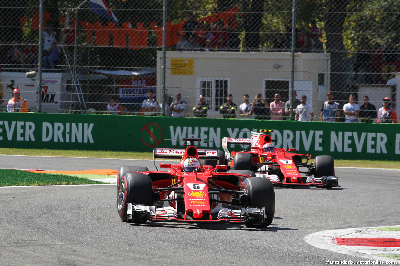 GP ITALIA, 03.09.2017- Gara, Sebastian Vettel (GER) Ferrari SF70H e Kimi Raikkonen (FIN) Ferrari SF70H