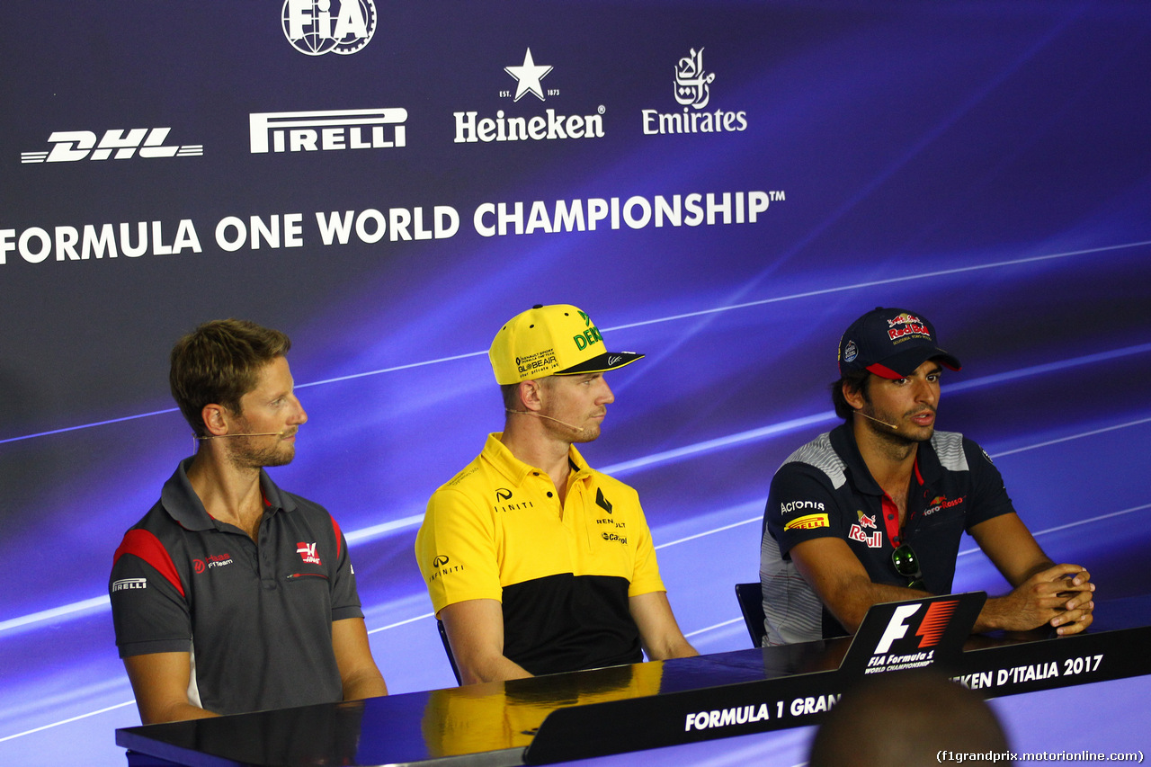 GP ITALIA, 31.08.2017- Giovedi' Press Conference, Romain Grosjean (FRA) Haas F1 Team VF-17, Nico Hulkenberg (GER) Renault Sport F1 Team RS17 e Carlos Sainz Jr (ESP) Scuderia Toro Rosso STR12