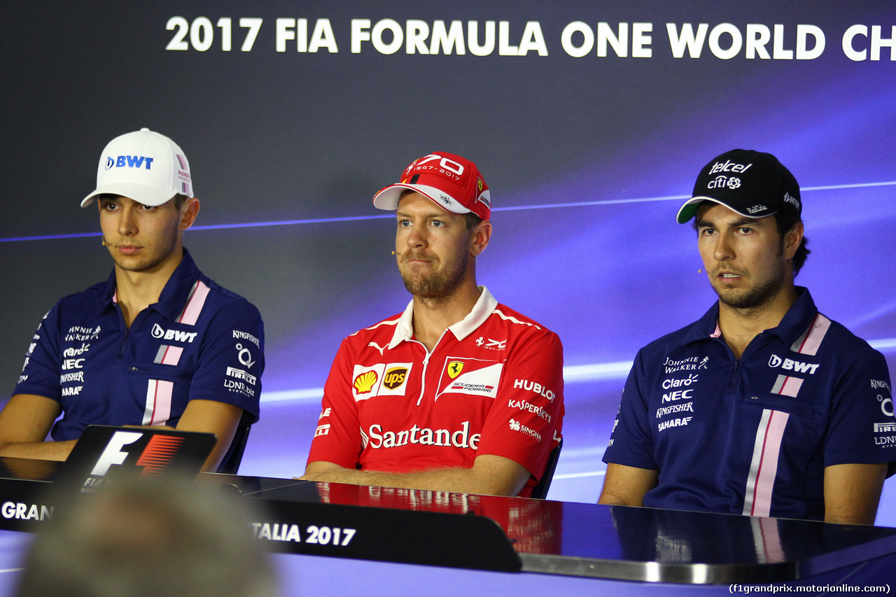 GP ITALIA, 31.08.2017- Giovedi' Press Conference, Esteban Ocon (FRA) Sahara Force India F1 VJM10 Sebastian Vettel (GER) Ferrari SF70H e Sergio Perez (MEX) Sahara Force India F1 VJM010