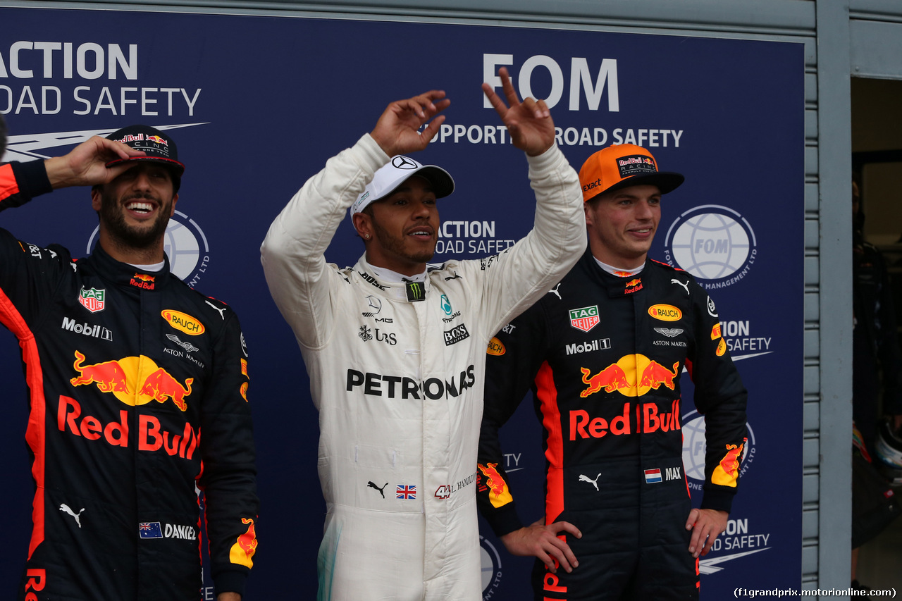 GP ITALIA, 02.09.2017- Qualifiche celebration: pole position Lewis Hamilton (GBR) Mercedes AMG F1 W08 , 2nd Max Verstappen (NED) Red Bull Racing RB13 e 3rd  Daniel Ricciardo (AUS) Red Bull Racing RB13