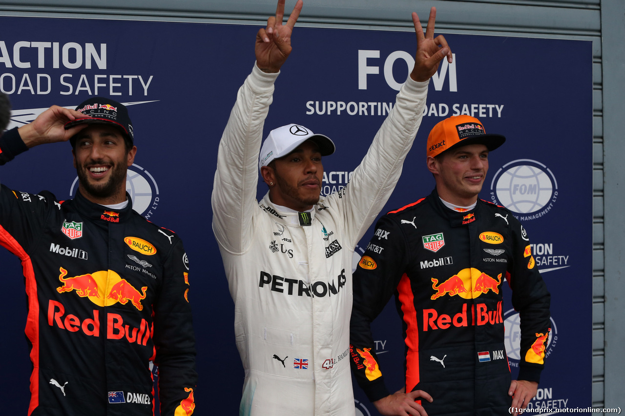 GP ITALIA, 02.09.2017- Qualifiche celebration: pole position Lewis Hamilton (GBR) Mercedes AMG F1 W08 , 2nd Max Verstappen (NED) Red Bull Racing RB13 e 3rd  Daniel Ricciardo (AUS) Red Bull Racing RB13