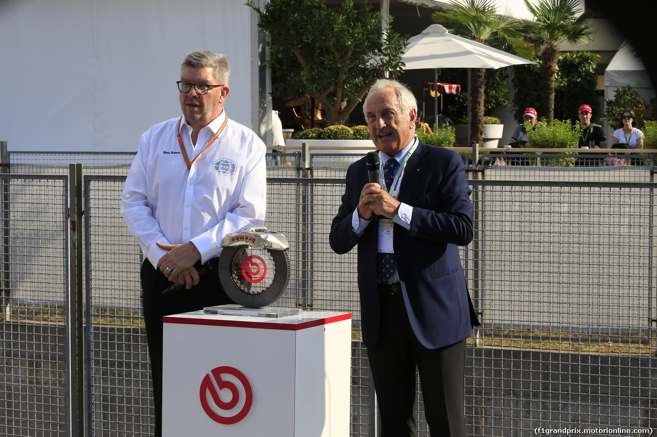 GP ITALIA, 01.09.2017- Brembo President Alberto Bombassei (ITA) e Ross Brawn (GBR) Formula One Managing Director of Motorsports