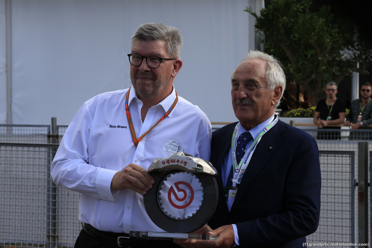 GP ITALIA, 01.09.2017- Brembo President Alberto Bombassei (ITA) e Ross Brawn (GBR) Formula One Managing Director of Motorsports