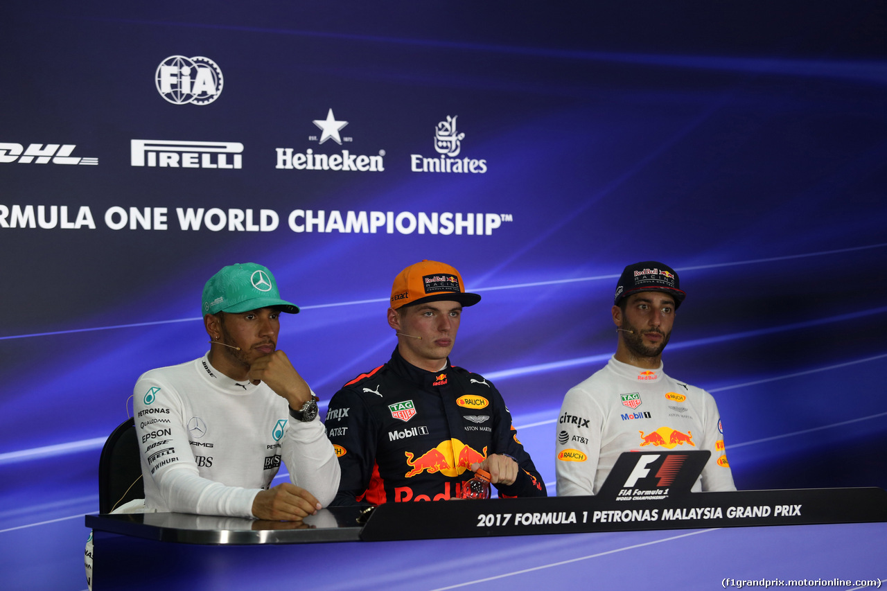 GP MALESIA, 01.10.2017 - Gara, Conferenza Stampa, Lewis Hamilton (GBR) Mercedes AMG F1 W08, Max Verstappen (NED) Red Bull Racing RB13 e Daniel Ricciardo (AUS) Red Bull Racing RB13