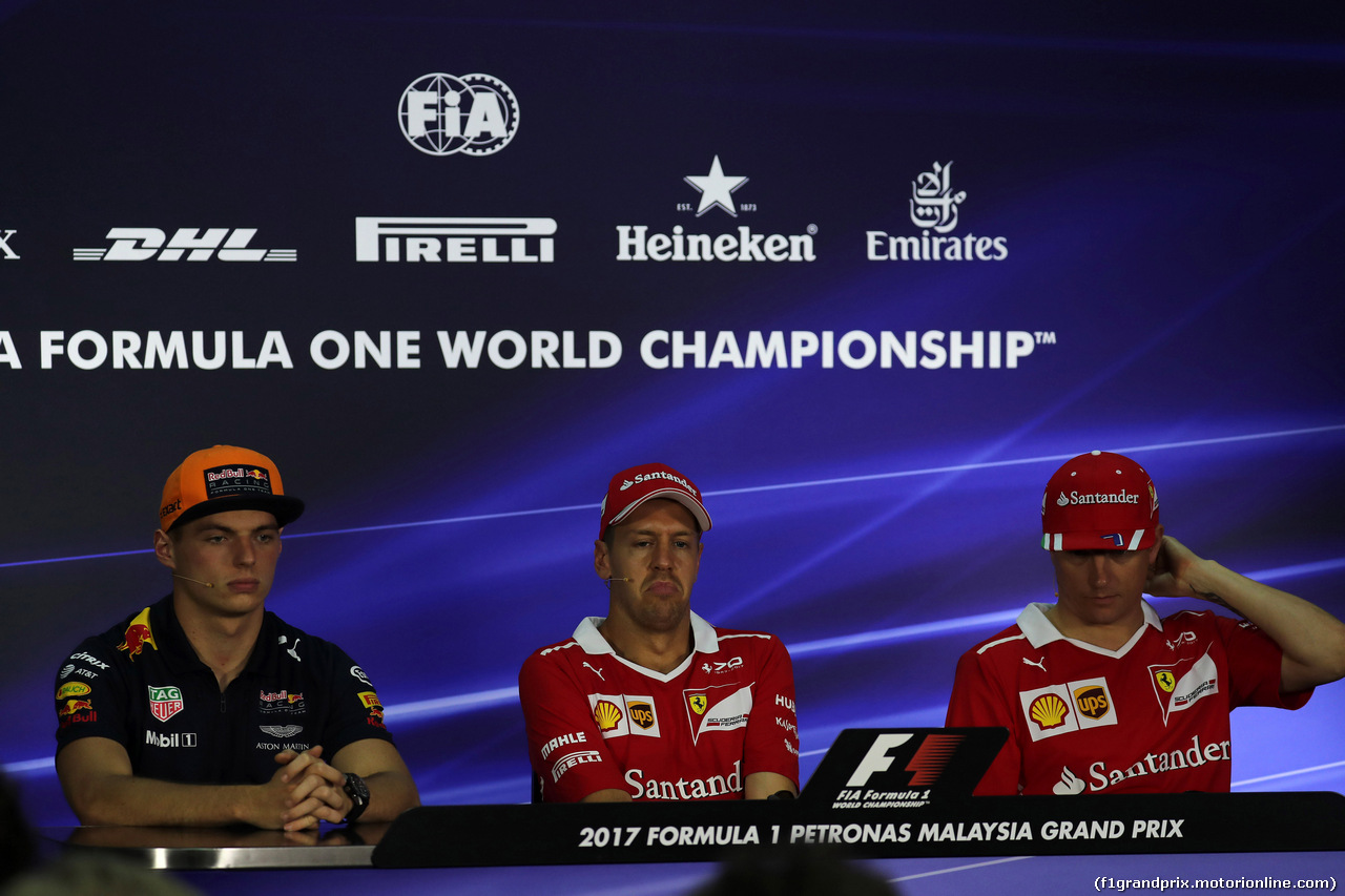 GP MALESIA, 28.09.2017 - Conferenza Stampa, Max Verstappen (NED) Red Bull Racing RB13, Sebastian Vettel (GER) Ferrari SF70H e Kimi Raikkonen (FIN) Ferrari SF70H