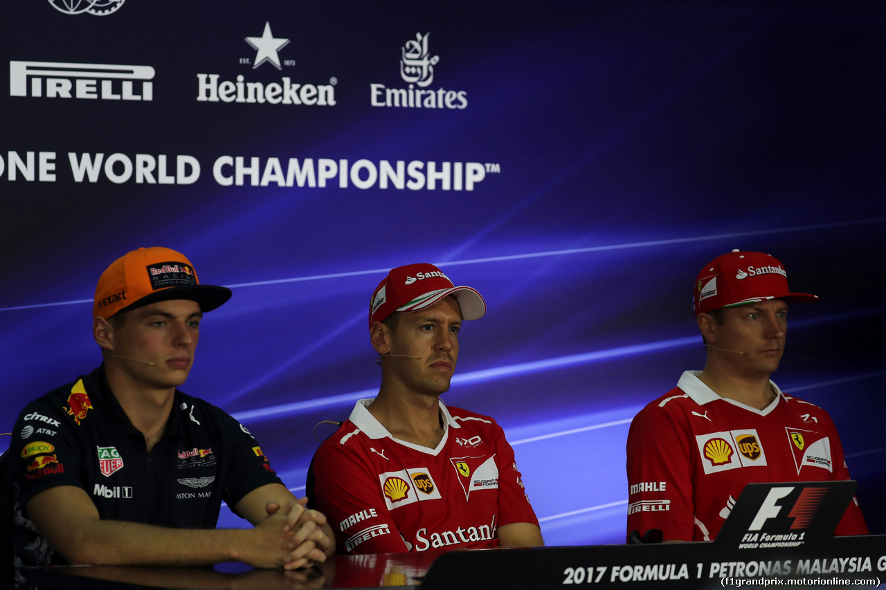 GP MALESIA, 28.09.2017 - Conferenza Stampa, Max Verstappen (NED) Red Bull Racing RB13, Sebastian Vettel (GER) Ferrari SF70H e Kimi Raikkonen (FIN) Ferrari SF70H
