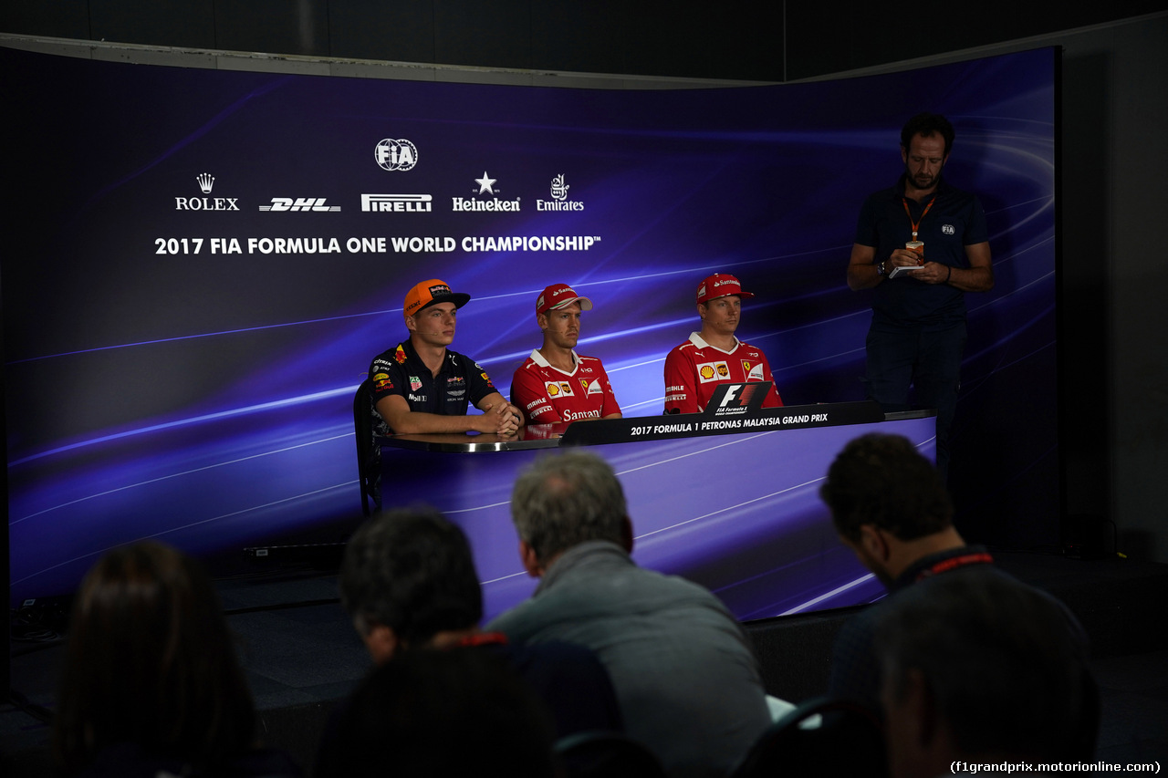 GP MALESIA, 28.09.2017 - Conferenza Stampa, Max Verstappen (NED) Red Bull Racing RB13, Sebastian Vettel (GER) Ferrari SF70H e Kimi Raikkonen (FIN) Ferrari SF70H