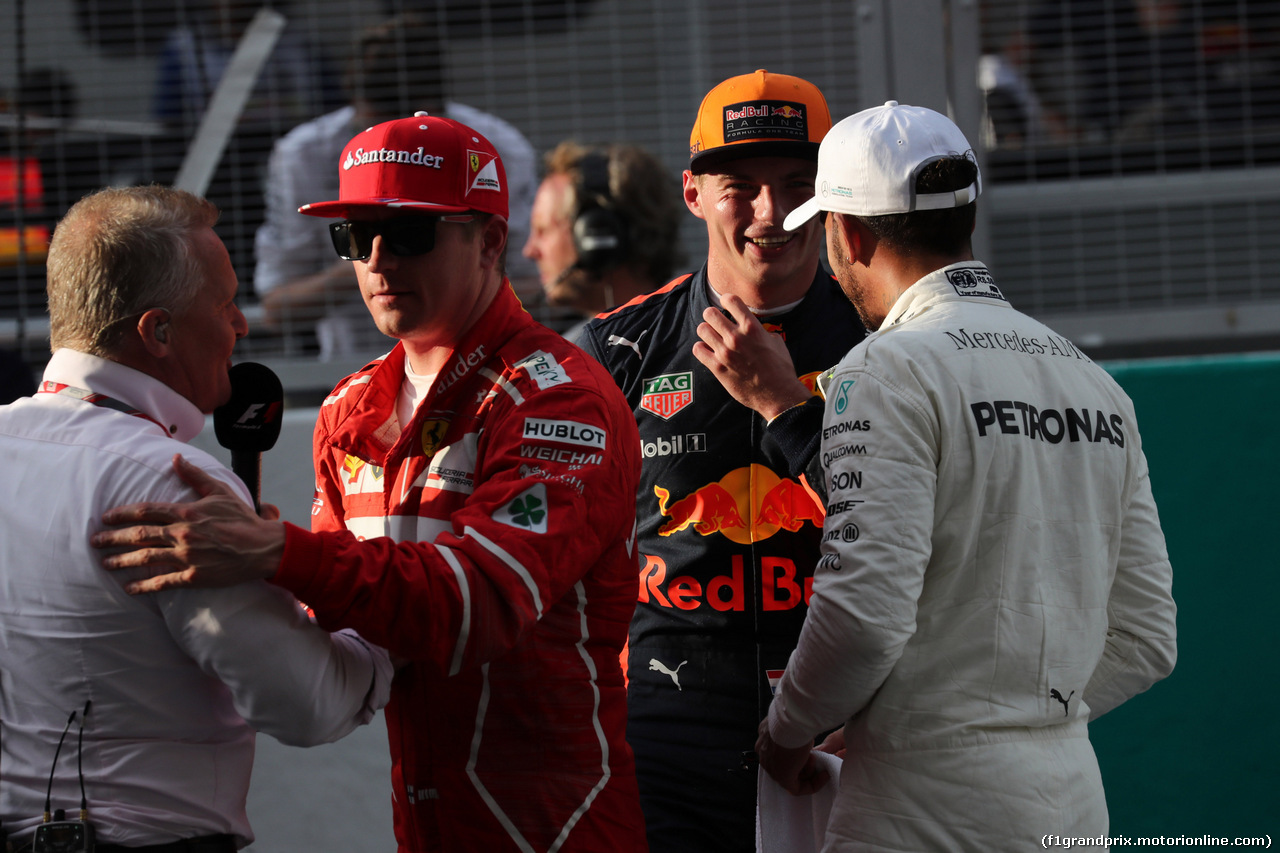 GP MALESIA, 30.09.2017 - Qualifiche, 2nd place Kimi Raikkonen (FIN) Ferrari SF70H, 3rd place Max Verstappen (NED) Red Bull Racing RB13 e Lewis Hamilton (GBR) Mercedes AMG F1 W08 pole position