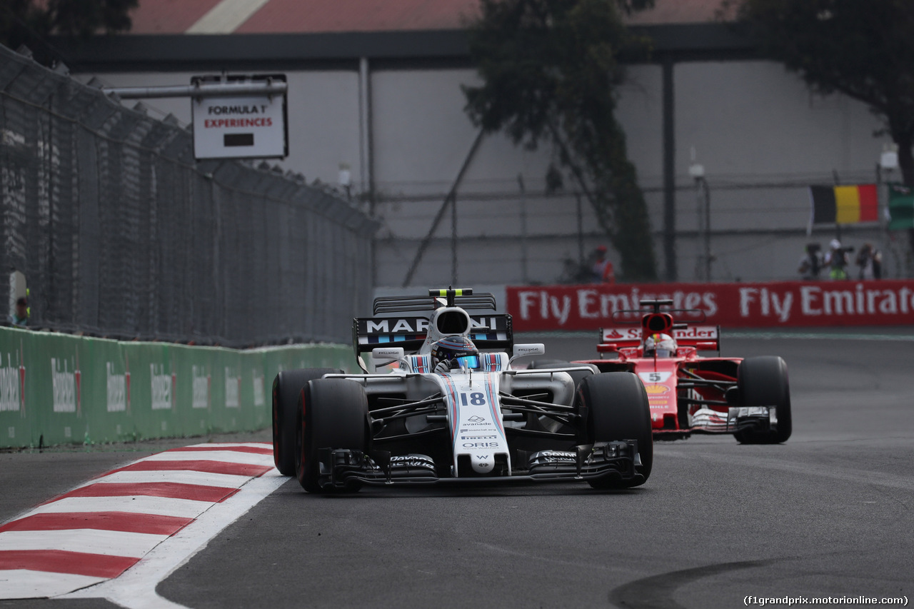 GP MESSICO, 29.10.2017 - Gara, Lance Stroll (CDN) Williams FW40 e Sebastian Vettel (GER) Ferrari SF70H