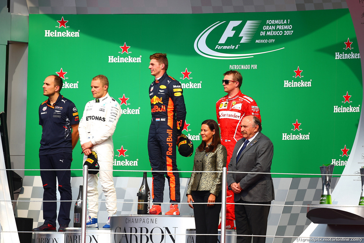 GP MESSICO, 29.10.2017 - Gara, 1st place Max Verstappen (NED) Red Bull Racing RB13, 2nd place Valtteri Bottas (FIN) Mercedes AMG F1 W08 e 3rd place Kimi Raikkonen (FIN) Ferrari SF70H