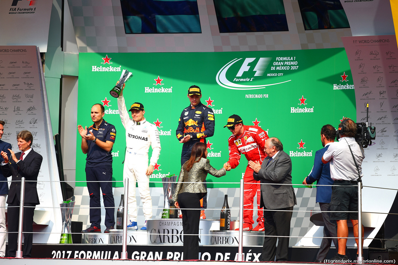 GP MESSICO, 29.10.2017 - Gara, 1st place Max Verstappen (NED) Red Bull Racing RB13, 2nd place Valtteri Bottas (FIN) Mercedes AMG F1 W08 e 3rd place Kimi Raikkonen (FIN) Ferrari SF70H