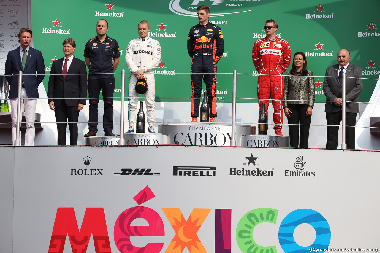 GP MESSICO, 29.10.2017 - Gara, 1st place Max Verstappen (NED) Red Bull Racing RB13, 2nd place Valtteri Bottas (FIN) Mercedes AMG F1 W08 e 3rd place Kimi Raikkonen (FIN) Ferrari SF70H