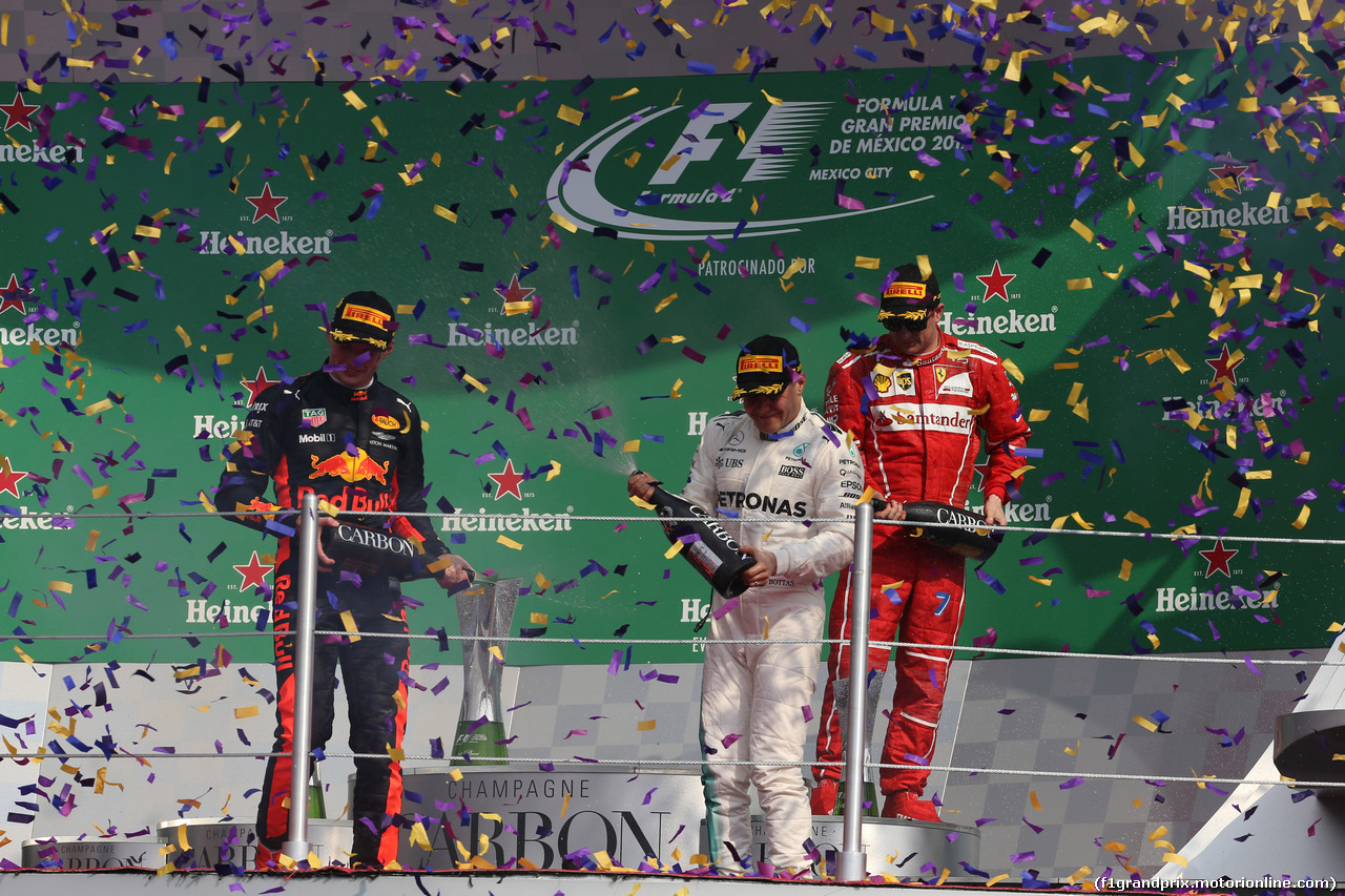 GP MESSICO, 29.10.2017 - Gara, 1st place Max Verstappen (NED) Red Bull Racing RB13, 2nd place Valtteri Bottas (FIN) Mercedes AMG F1 W08 e 3rd place Kimi Raikkonen (FIN) Ferrari SF70H