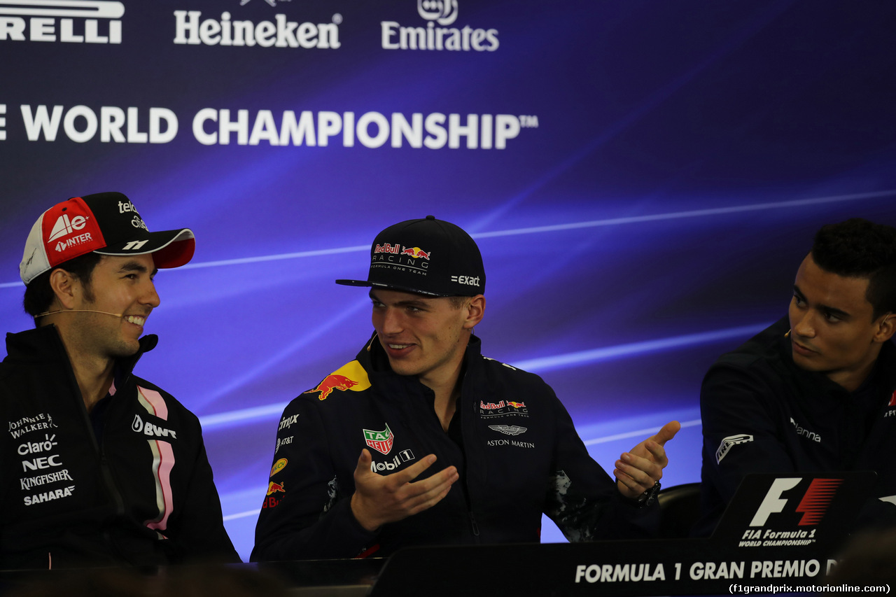 GP MESSICO, 26.10.2017 - Conferenza Stampa, Sergio Perez (MEX) Sahara Force India F1 VJM010, Max Verstappen (NED) Red Bull Racing RB13 e Pascal Wehrlein (GER) Sauber C36