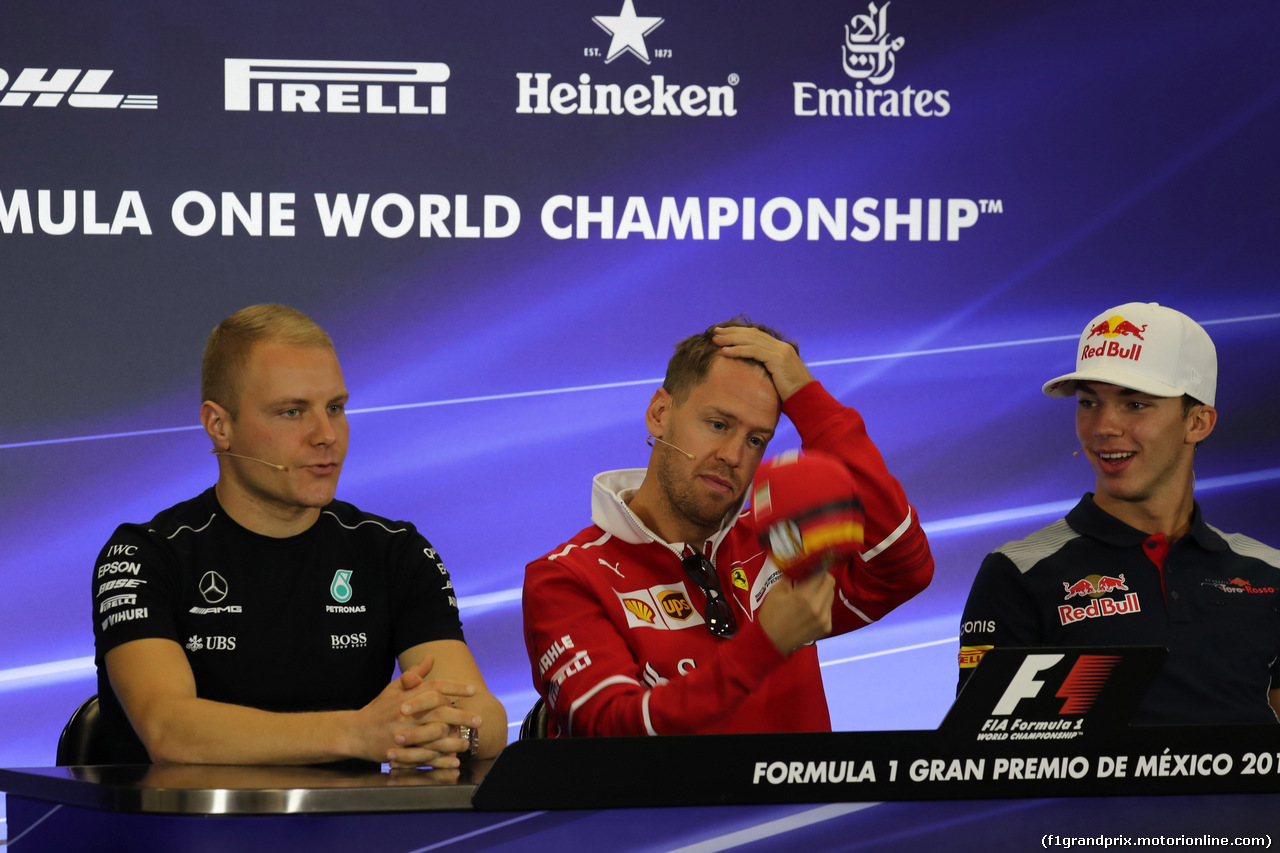 GP MESSICO, 26.10.2017 - Conferenza Stampa, Valtteri Bottas (FIN) Mercedes AMG F1 W08, Sebastian Vettel (GER) Ferrari SF70H e Pierre Gasly (FRA) Scuderia Toro Rosso STR12