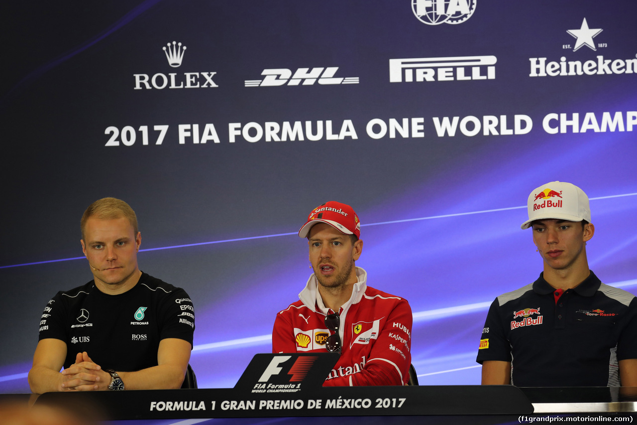 GP MESSICO, 26.10.2017 - Conferenza Stampa, Valtteri Bottas (FIN) Mercedes AMG F1 W08, Sebastian Vettel (GER) Ferrari SF70H e Pierre Gasly (FRA) Scuderia Toro Rosso STR12