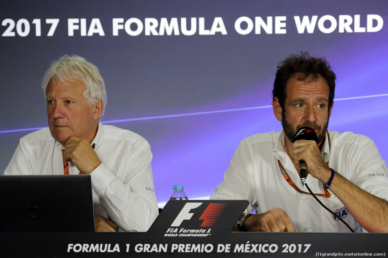 GP MESSICO, 26.10.2017 - Charlie Whiting (GBR) FIA Delegate e Matteo Bonciani (ITA) FIA Media Delegate in an FIA Press Conference regarding track limits.