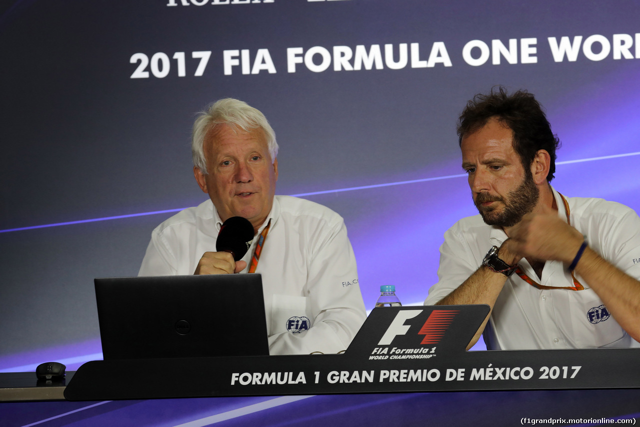 GP MESSICO, 26.10.2017 - Charlie Whiting (GBR) FIA Delegate e Matteo Bonciani (ITA) FIA Media Delegate in an FIA Press Conference regarding track limits.