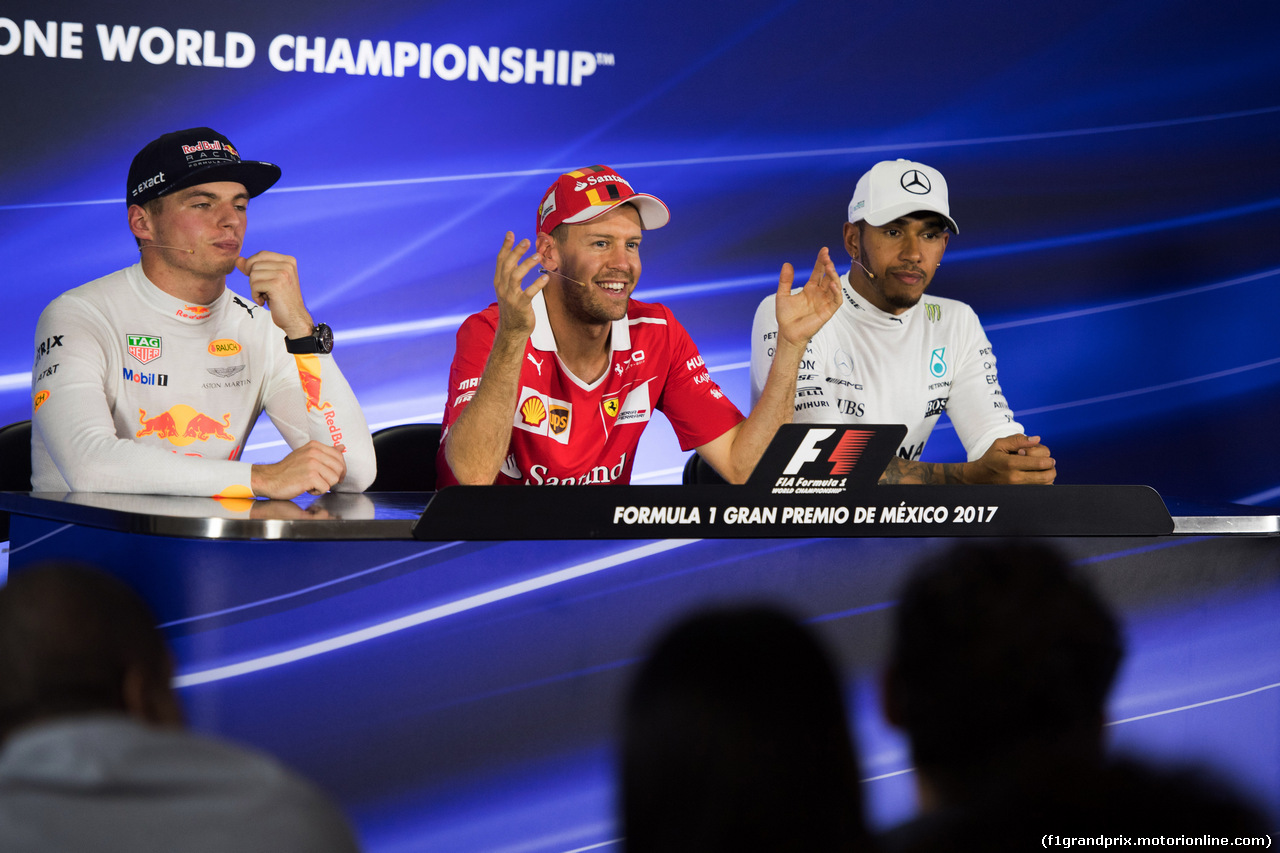 GP MESSICO, 28.10.2017 - Qualifiche, Conferenza Stampa, Max Verstappen (NED) Red Bull Racing RB13, Sebastian Vettel (GER) Ferrari SF70H e Lewis Hamilton (GBR) Mercedes AMG F1 W08