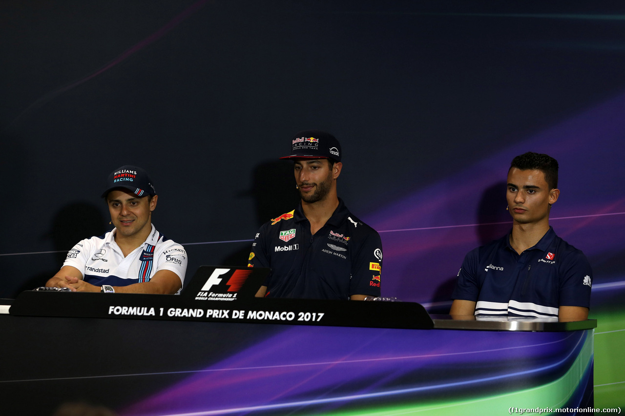 GP MONACO, 24.05.2017 - Conferenza Stampa, Felipe Massa (BRA) Williams FW40, Daniel Ricciardo (AUS) Red Bull Racing RB13 e Pascal Wehrlein (GER) Sauber C36