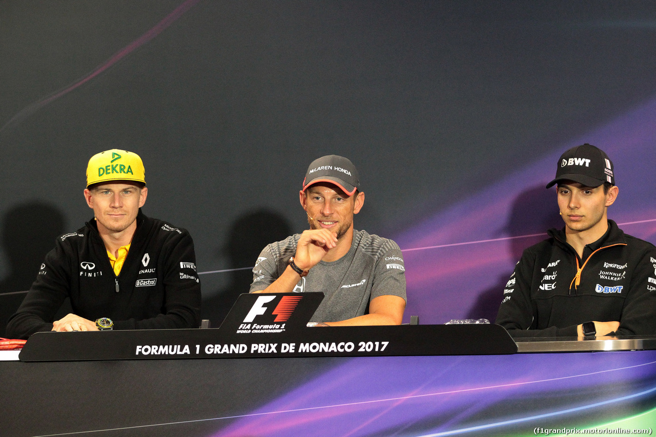 GP MONACO, 24.05.2017 - Conferenza Stampa, Nico Hulkenberg (GER) Renault Sport F1 Team RS17, Jenson Button (GBR) McLaren MCL32 e Esteban Ocon (FRA) Sahara Force India F1 VJM10