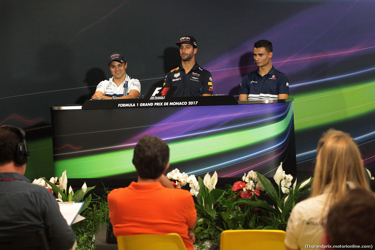 GP MONACO, 24.05.2017 - Conferenza Stampa, Felipe Massa (BRA) Williams FW40, Daniel Ricciardo (AUS) Red Bull Racing RB13 e Pascal Wehrlein (GER) Sauber C36
