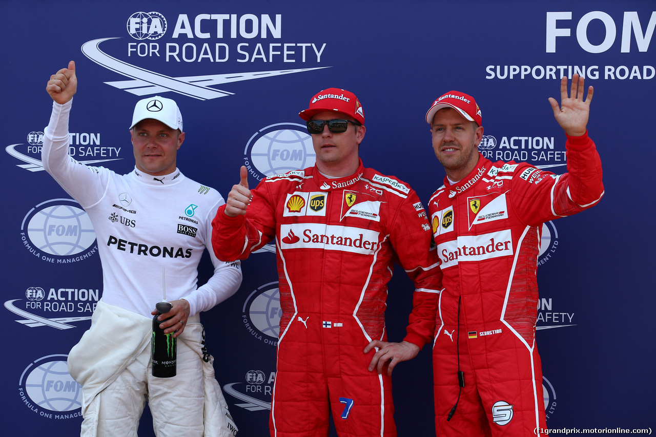 GP MONACO, 27.05.2017 - Qualifiche, 3rd place Valtteri Bottas (FIN) Mercedes AMG F1 W08, Kimi Raikkonen (FIN) Ferrari SF70H pole position e 2nd place Sebastian Vettel (GER) Ferrari SF70H