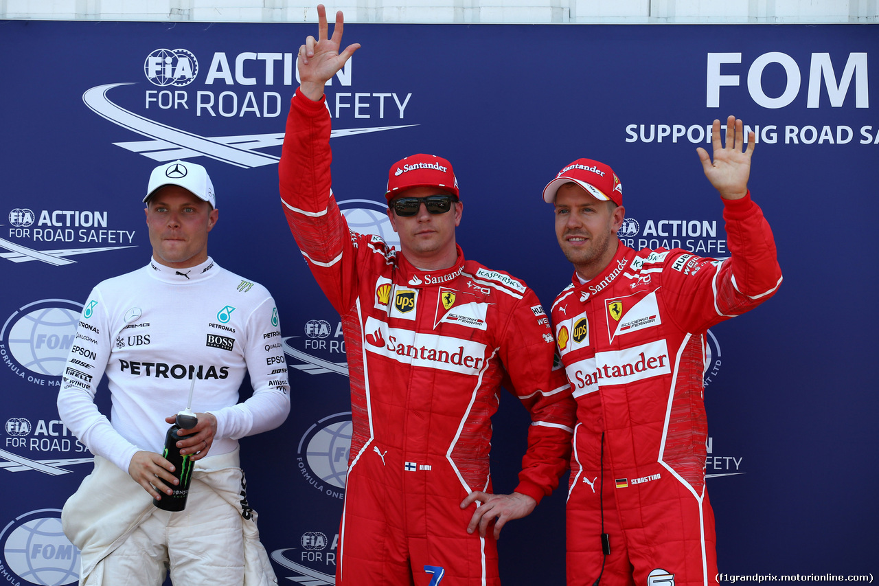 GP MONACO, 27.05.2017 - Qualifiche, 3rd place Valtteri Bottas (FIN) Mercedes AMG F1 W08, Kimi Raikkonen (FIN) Ferrari SF70H pole position e 2nd place Sebastian Vettel (GER) Ferrari SF70H
