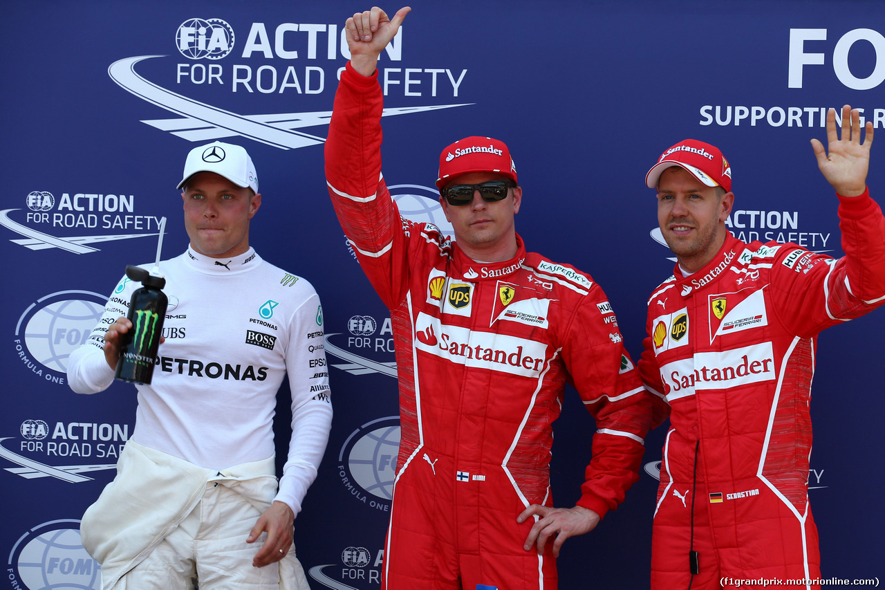 GP MONACO, 27.05.2017 - Qualifiche, 3rd place Valtteri Bottas (FIN) Mercedes AMG F1 W08, Kimi Raikkonen (FIN) Ferrari SF70H pole position e 2nd place Sebastian Vettel (GER) Ferrari SF70H