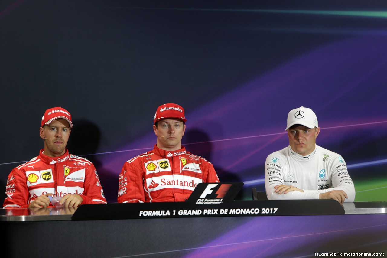 GP MONACO, 27.05.2017 - Qualifiche, Conferenza Stampa, Sebastian Vettel (GER) Ferrari SF70H, Kimi Raikkonen (FIN) Ferrari SF70H e Valtteri Bottas (FIN) Mercedes AMG F1 W08