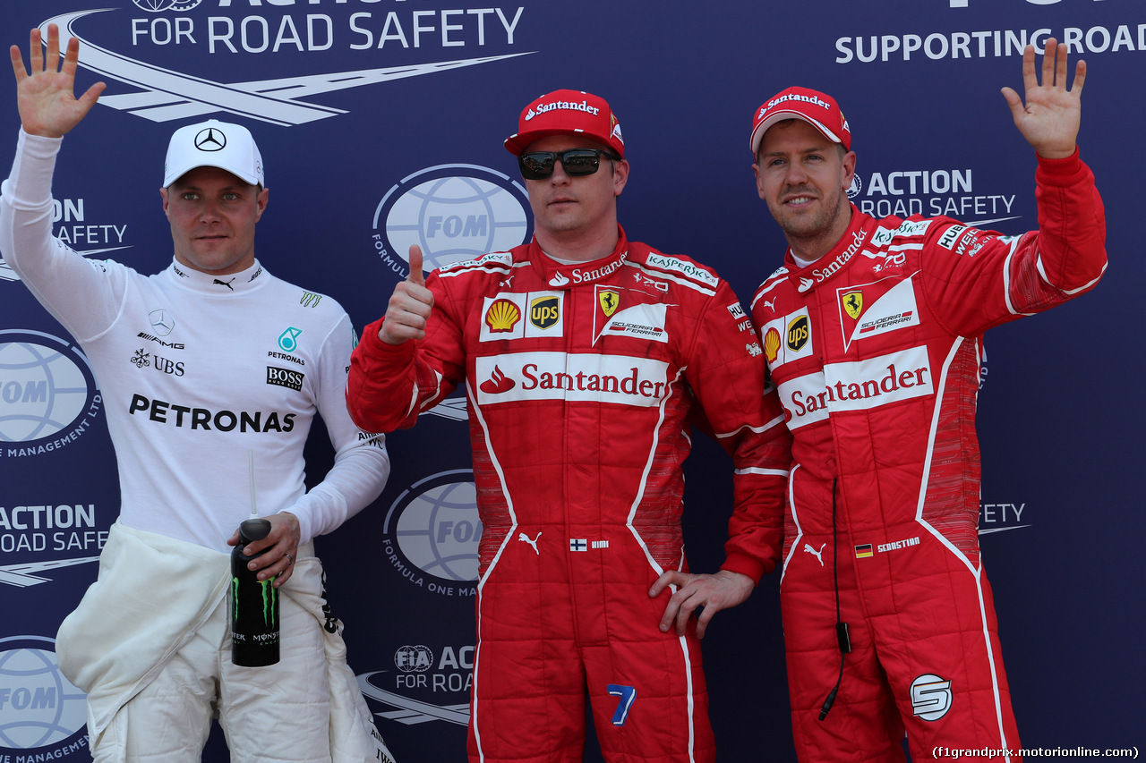 GP MONACO, 27.05.2017 - Qualifiche, 3rd place Valtteri Bottas (FIN) Mercedes AMG F1 W08, Kimi Raikkonen (FIN) Ferrari SF70H pole position e 2nd place Sebastian Vettel (GER) Ferrari SF70H