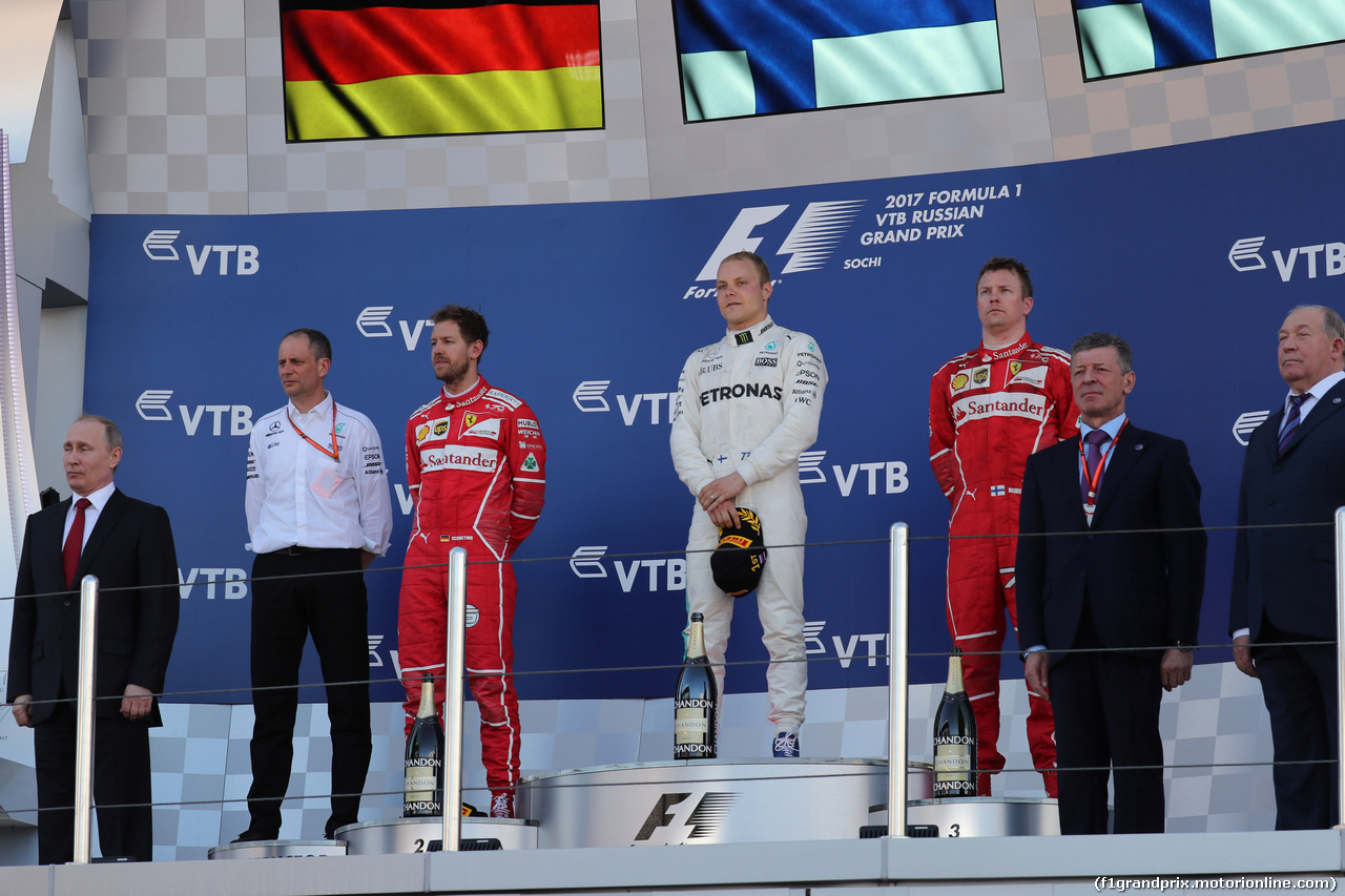 GP RUSSIA, 30.04.2017 - Gara, 1st place Valtteri Bottas (FIN) Mercedes AMG F1 W08, 2nd place Sebastian Vettel (GER) Ferrari SF70H e 3rd place Kimi Raikkonen (FIN) Ferrari SF70H