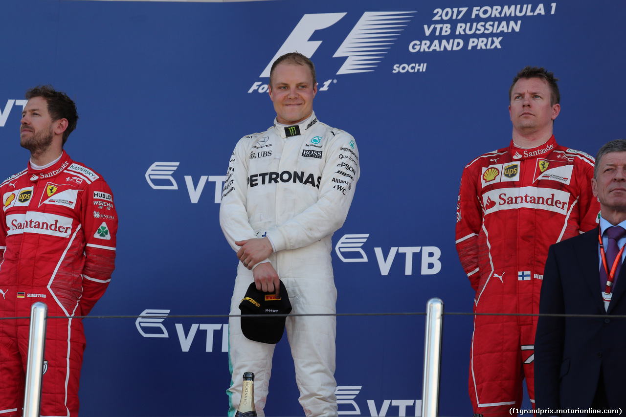 GP RUSSIA, 0.04.2017 - Gara, 1st place Valtteri Bottas (FIN) Mercedes AMG F1 W08, 2nd place Sebastian Vettel (GER) Ferrari SF70H e 3rd place Kimi Raikkonen (FIN) Ferrari SF70H
