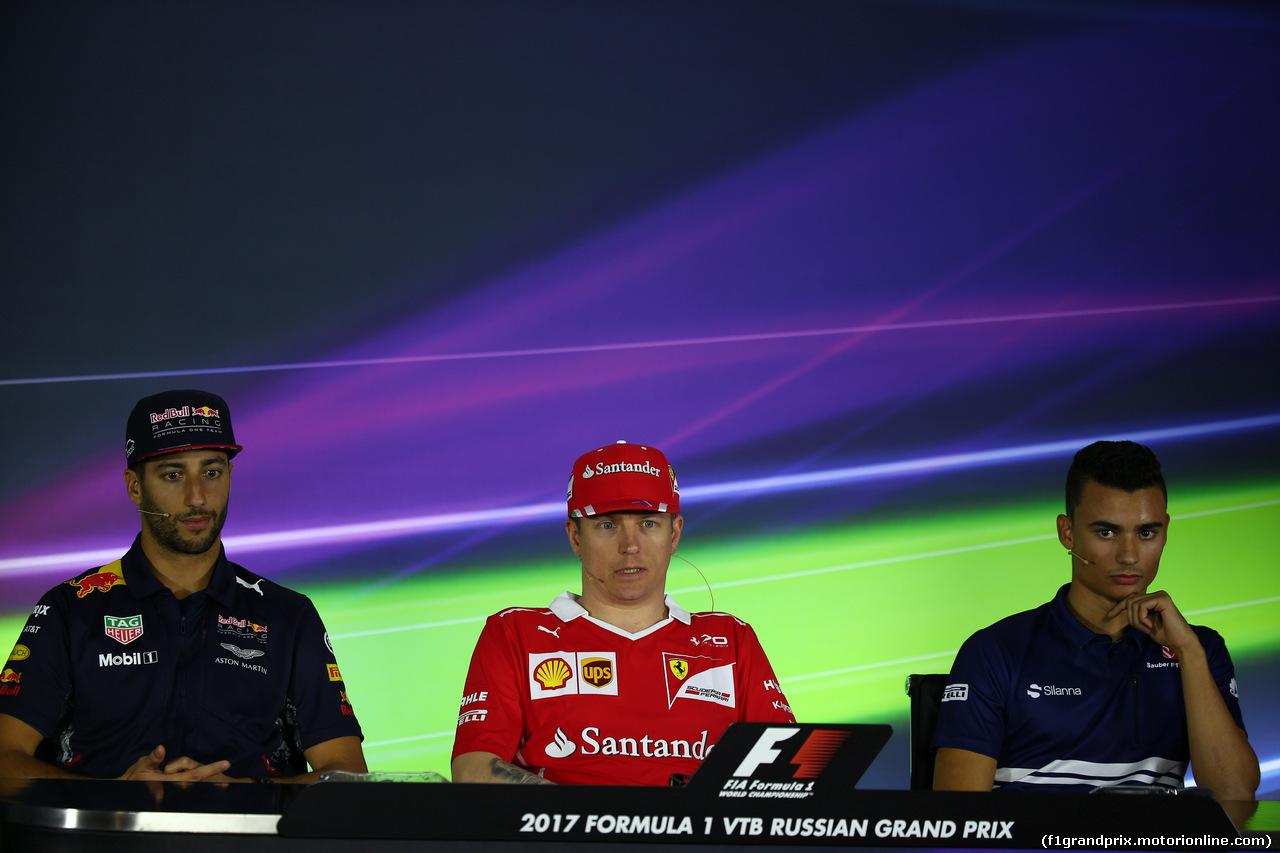 GP RUSSIA, 27.04.2017 - Conferenza Stampa, Daniel Ricciardo (AUS) Red Bull Racing RB13, Kimi Raikkonen (FIN) Ferrari SF70H e Pascal Wehrlein (GER) Sauber C36