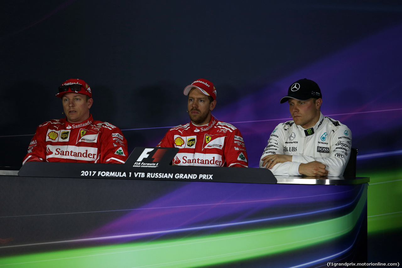 GP RUSSIA, 29.04.2017 - Qualifiche, Conferenza Stampa, Kimi Raikkonen (FIN) Ferrari SF70H, Sebastian Vettel (GER) Ferrari SF70H e Valtteri Bottas (FIN) Mercedes AMG F1 W08