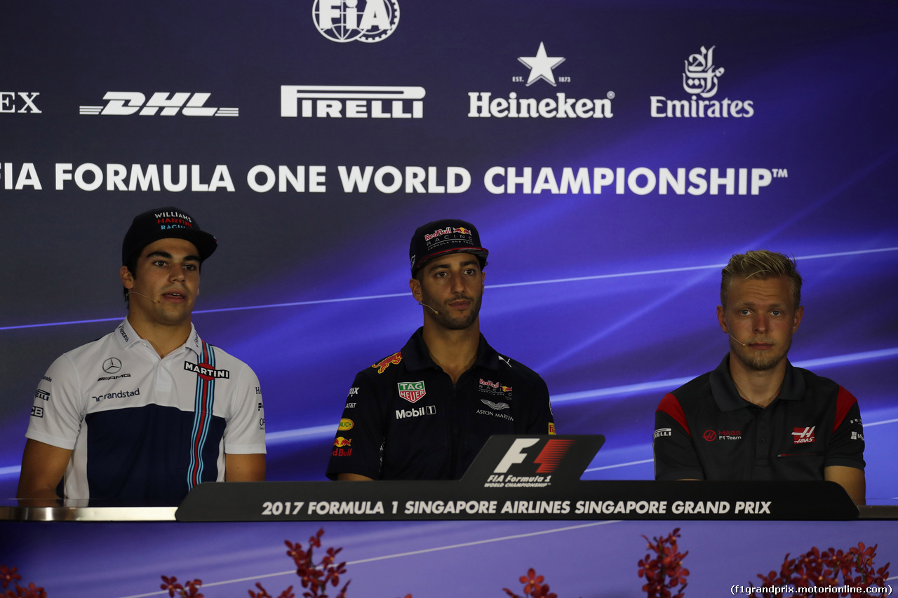 GP SINGAPORE, 14.09.2017 - Conferenza Stampa, Lance Stroll (CDN) Williams FW40, Daniel Ricciardo (AUS) Red Bull Racing RB13 e Kevin Magnussen (DEN) Haas F1 Team VF-17