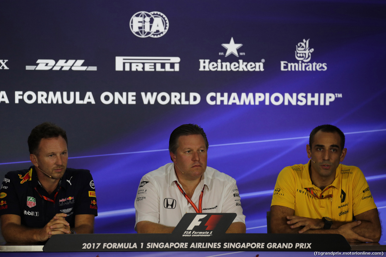 GP SINGAPORE, 15.09.2017 - Conferenza Stampa, Christian Horner (GBR), Red Bull Racing, Sporting Director, Zak Brown (USA) McLaren Executive Director e Cyril Abiteboul (FRA) Renault Sport F1 Managing Director
