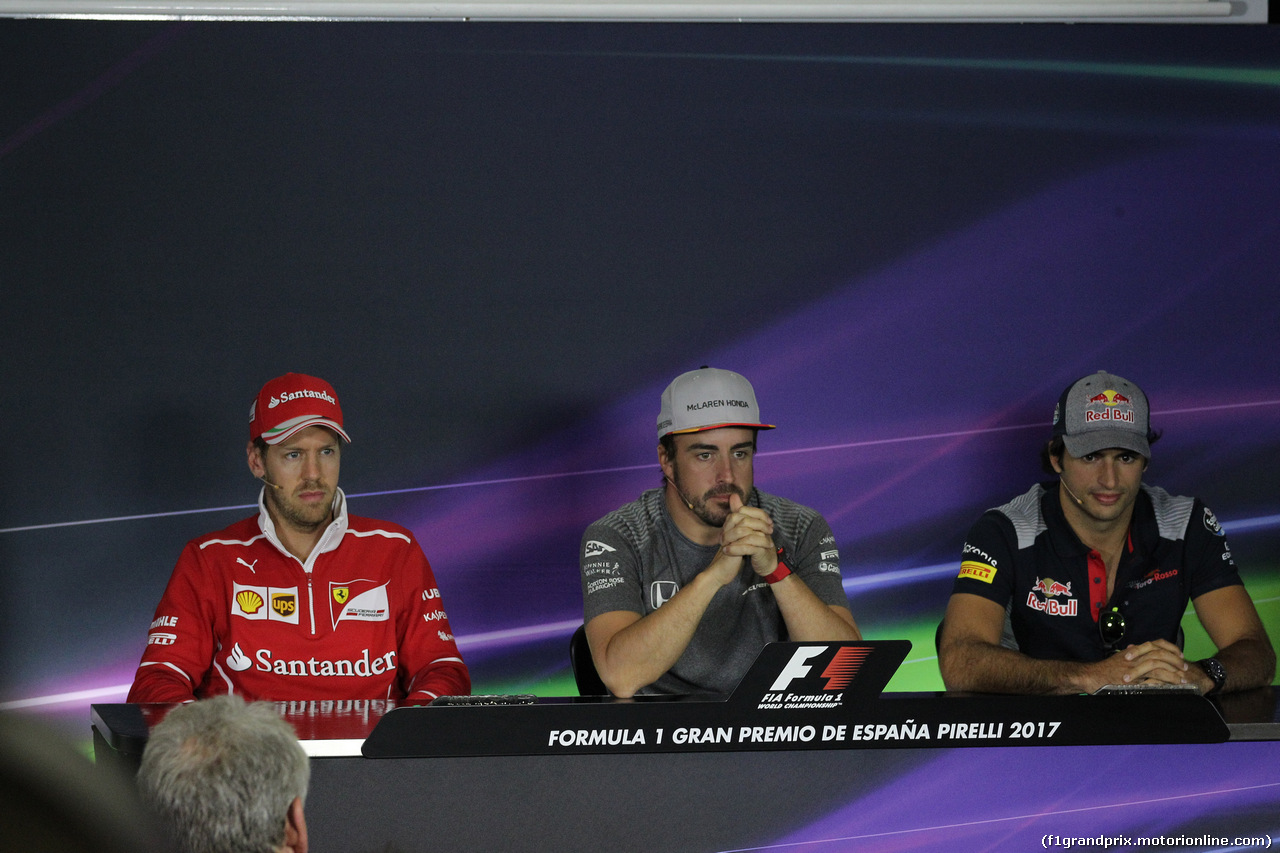 GP SPAGNA, 11.05.2017 - Conferenza Stampa, Sebastian Vettel (GER) Ferrari SF70H, Fernando Alonso (ESP) McLaren MCL32 e Carlos Sainz Jr (ESP) Scuderia Toro Rosso STR12