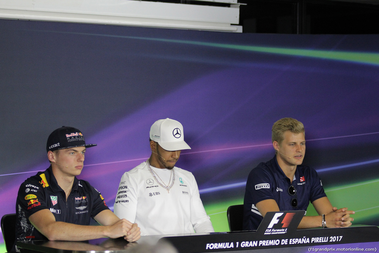 GP SPAGNA, 11.05.2017 - Conferenza Stampa, Max Verstappen (NED) Red Bull Racing RB13, Lewis Hamilton (GBR) Mercedes AMG F1 W08 e Marcus Ericsson (SUE) Sauber C36