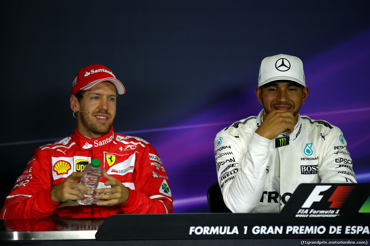 GP SPAGNA, (L to R): Sebastian Vettel (GER) Ferrari e Lewis Hamilton (GBR) Mercedes AMG F1 in the FIA Press Conference.
13.05.2017.