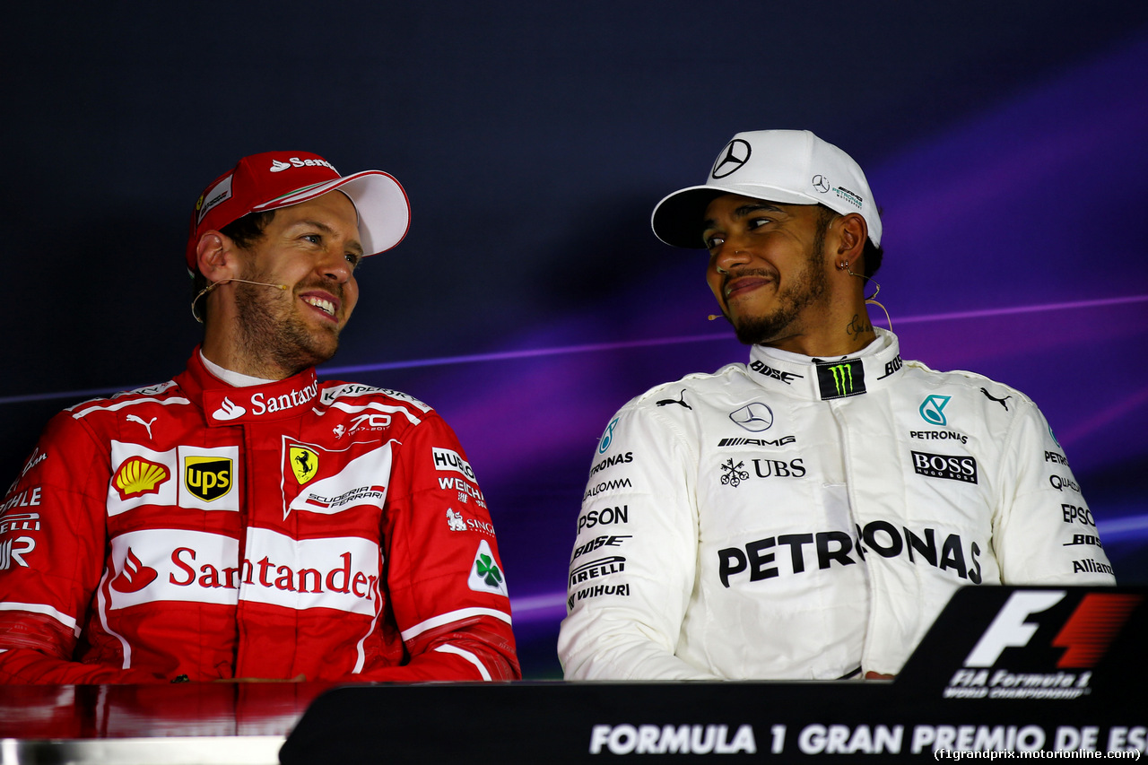 GP SPAGNA, (L to R): Sebastian Vettel (GER) Ferrari with Lewis Hamilton (GBR) Mercedes AMG F1 in the FIA Press Conference.
13.05.2017.