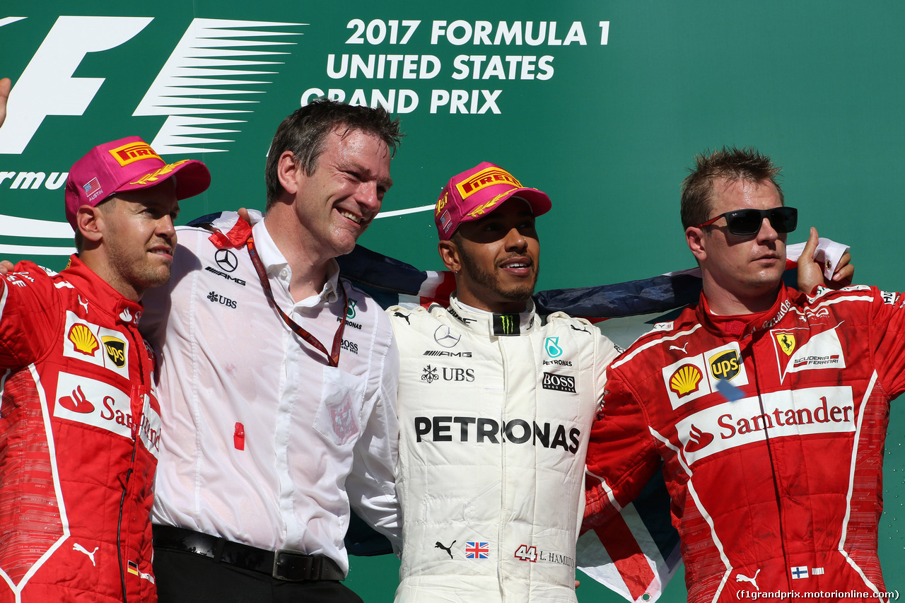 GP STATI UNITI, 22.10.2017 - Gara, 2nd place Sebastian Vettel (GER) Ferrari SF70H, James Allison (GBR) Mercedes AMG F1, Technical Director, Lewis Hamilton (GBR) Mercedes AMG F1 W08 vincitore e 3rd place Kimi Raikkonen (FIN) Ferrari SF70H