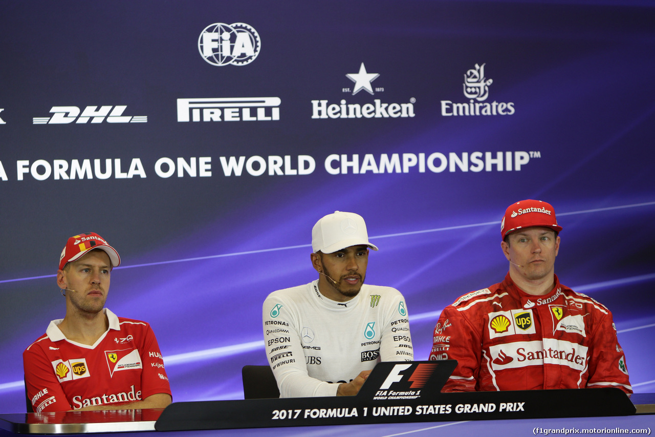 GP STATI UNITI, 22.10.2017 - Gara, Conferenza Stampa, Sebastian Vettel (GER) Ferrari SF70H, Lewis Hamilton (GBR) Mercedes AMG F1 W08 e Kimi Raikkonen (FIN) Ferrari SF70H